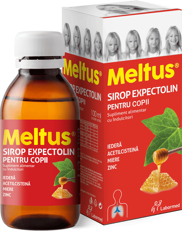 Această imagine arată o cutie de sirop pentru copii de la Meltus®. Este similară cu cea pentru adulți, dar specifică că este pentru copii. Cutia are culori vii, cu roșu predominant și imagini cu frunze de iederă, miere și fagure de miere. Ingredientele enumerate sunt iedera, acetilcisteina și zinc, care sunt menite să ajute la calmarea tusei și la îmbunătățirea respirației. Pe cutie sunt și imagini cu o fetiță cu diferite expresii faciale, posibil pentru a ilustra diferitele stări prin care trec copiii atunci când au tuse. LaborMed, producătorul, este menționat pe cutie, indicând sursa suplimentului alimentar.