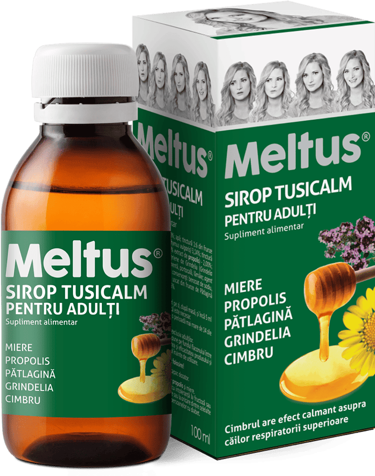 Imaginea arată o cutie de sirop pentru adulți marca Meltus®. Cutia este verde și prezintă imagini ale unor ingrediente naturale precum mierea, propolisul, pătlagina și cimbrul. Se menționează că cimbrul are un efect calmant asupra căilor respiratorii superioare. Pe cutie apar și poze cu o femeie în diferite expresii faciale, posibil pentru a ilustra liniștea pe care produsul o poate oferi. Este descris ca un supliment alimentar. LaborMed este numele producătorului, indicat pe ambalaj.